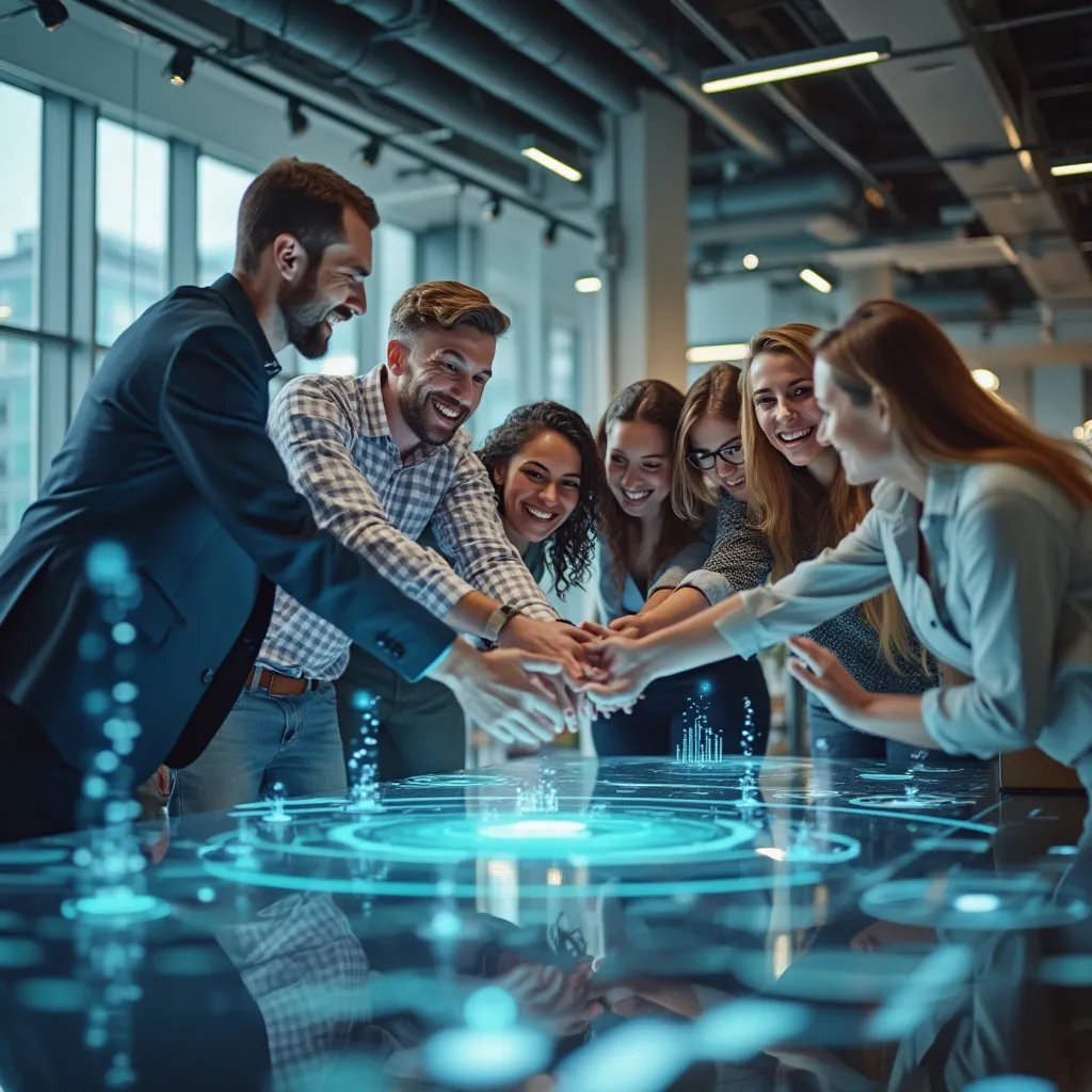 Equipo diverso colaborando en un entorno de oficina futurista y luminoso